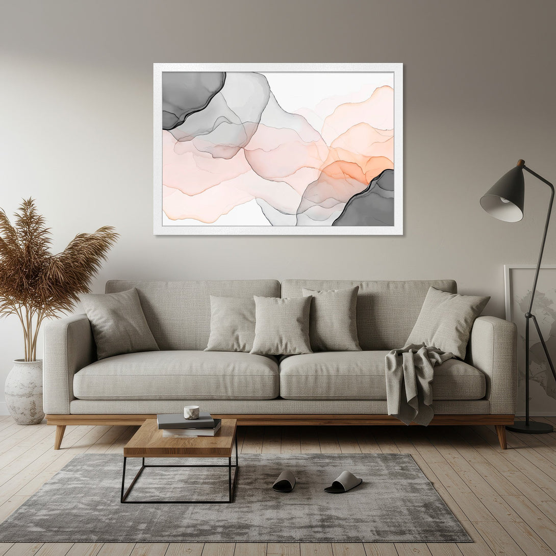 Framed Poster featuring abstract art in watercolor style with gray and peach tones, perfect for modern home decor.