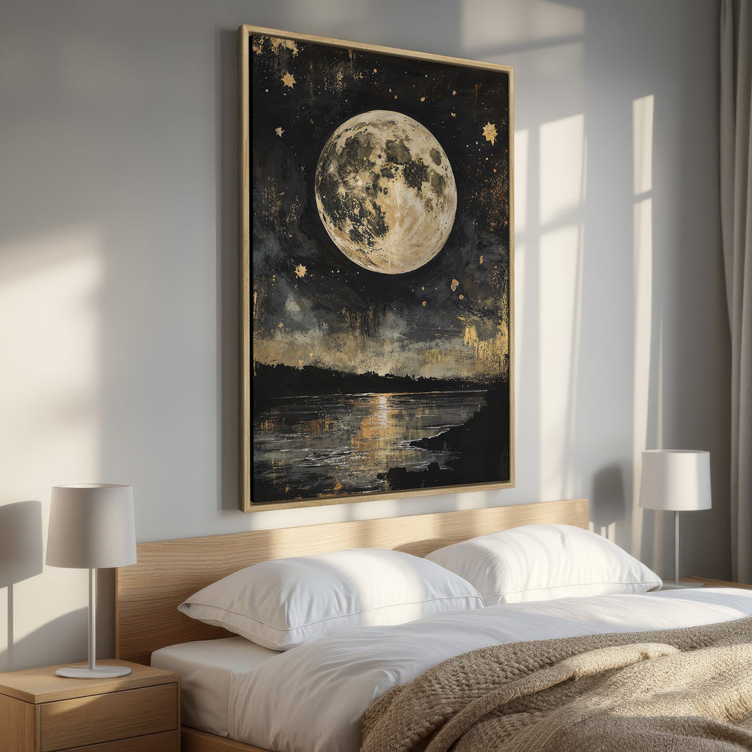 Framed Wall Art featuring a stunning moonlit landscape. Abstract style with a dark, moody palette of black, gold, and gray. Perfect for bedroom decor.