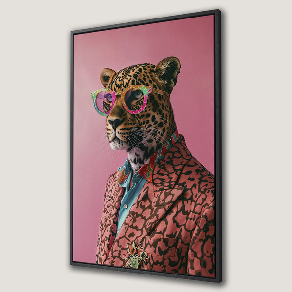 Framed Wall Art featuring a stylish leopard in a suit with colorful sunglasses. Modern, playful design with a pink and brown color palette. Add flair to your space!