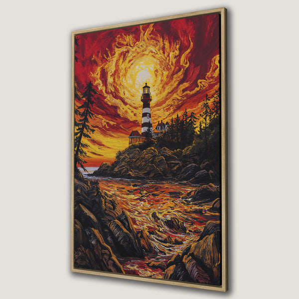 Framed Wall Art: Lighthouse painting with fiery sunset. Dramatic art, warm red and orange color palette. Add coastal charm to your home!