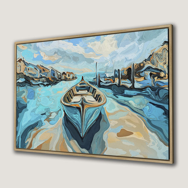 Framed Wall Art: Abstract boat scene in blue and earth tones. Modern, artistic Canvas Print perfect for adding a touch of elegance to any space.