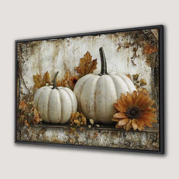 Framed Wall Art: Rustic autumn scene with white pumpkins, leaves, and a sunflower. Warm, earthy tones create a cozy, farmhouse aesthetic.