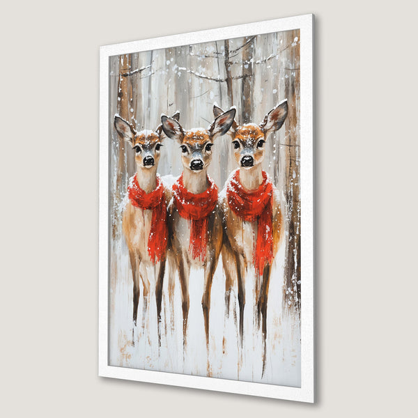 Framed Poster of three deer in winter scene, wearing red scarves. Rustic painting style with a neutral and red color palette.