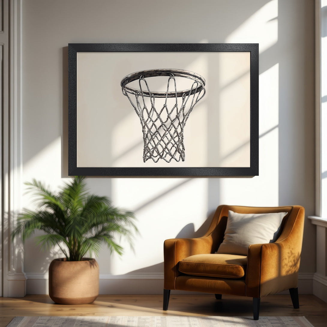 Framed Poster featuring a detailed basketball net art print. Neutral color palette with warm tones. Perfect wall decor for any space.