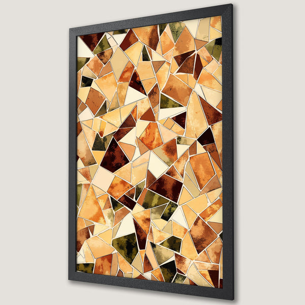 Framed Poster featuring an abstract geometric design in warm earth tones: browns, oranges, and yellows. Modern art for your home.