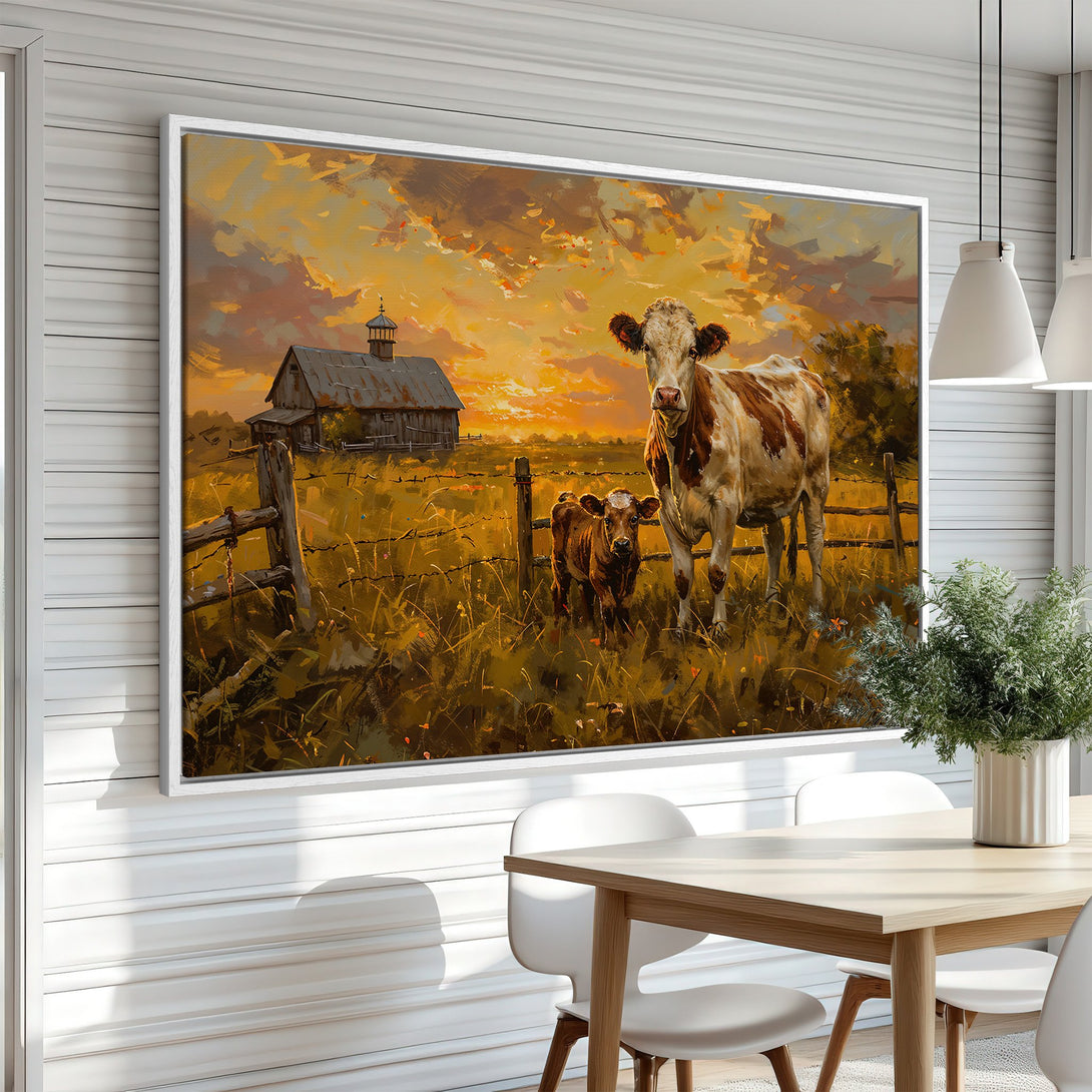 Framed Wall Art: Rustic cow painting in warm sunset hues. Bring the charm of the countryside to your home with this beautiful canvas print.