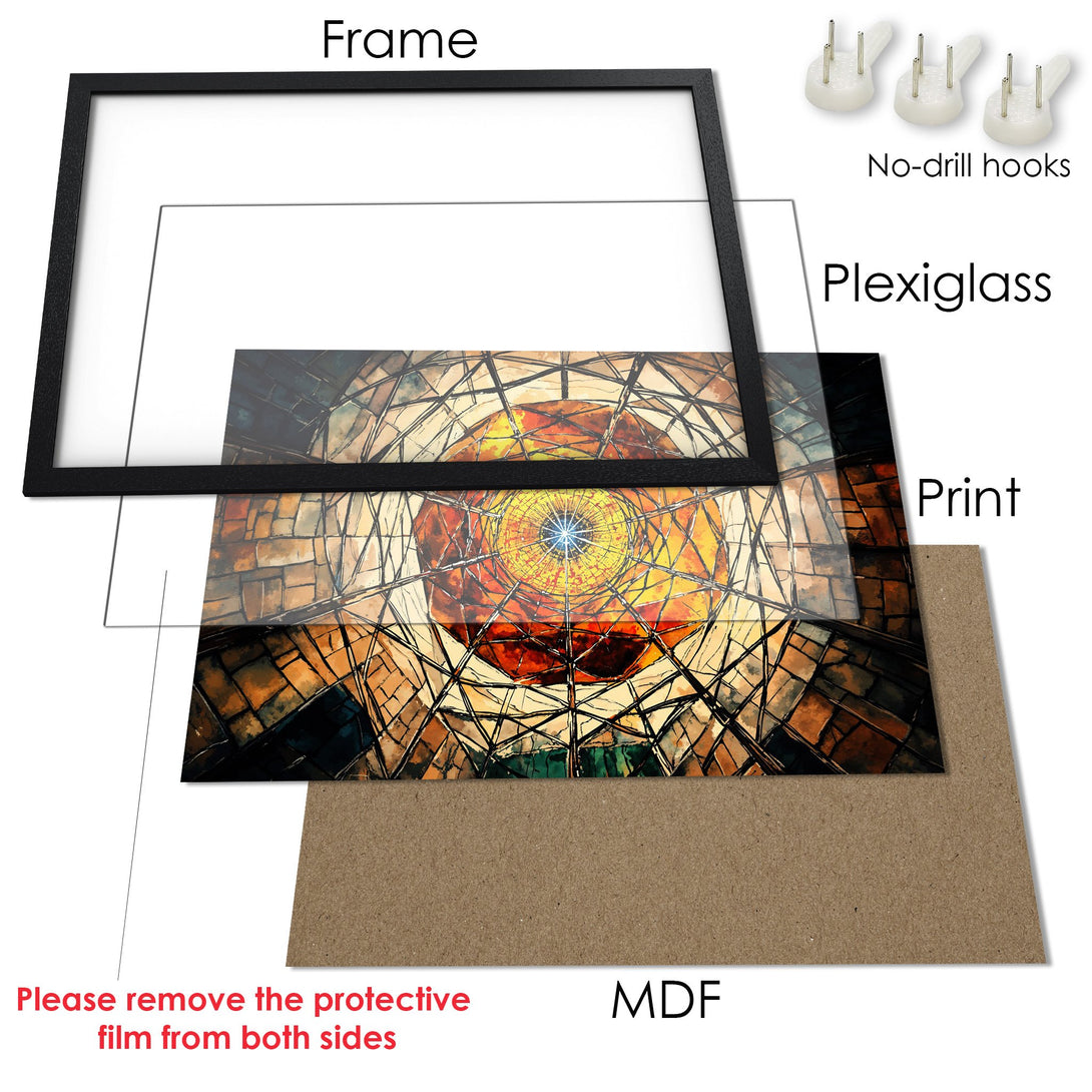 Framed Poster art print featuring a geometric abstract design with warm orange and brown tones. Ready to hang!