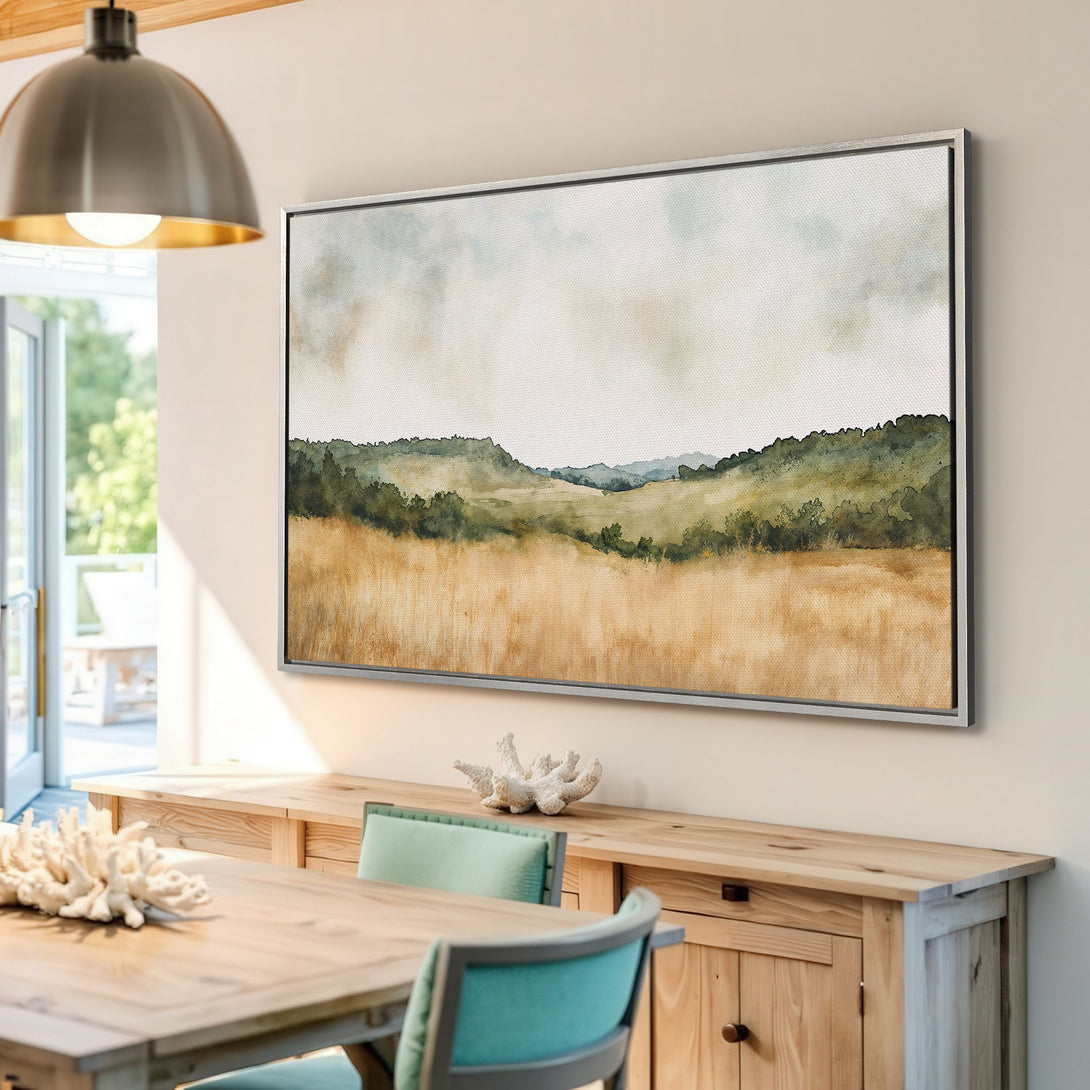 Framed Wall Art: Watercolor landscape Canvas Print in neutral tones. Earthy palette with green hills and golden fields. Perfect for modern home decor.