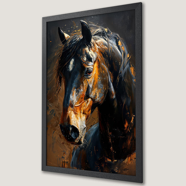 Framed Poster featuring a majestic horse portrait in an abstract style with a dark, warm color palette.