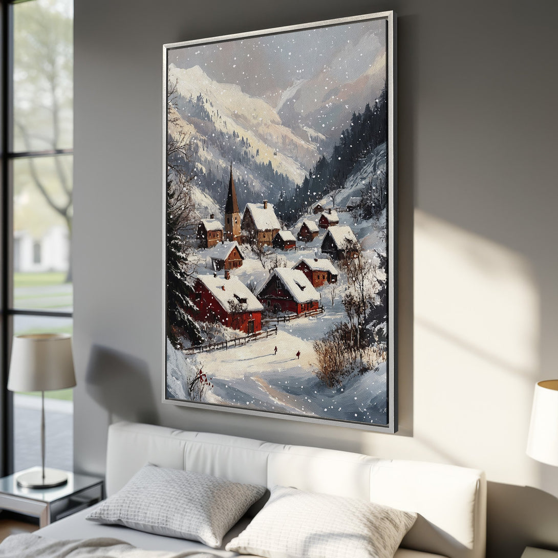 Framed Wall Art Canvas Print of a snowy village scene in a painterly style, featuring a cool, muted color palette. Perfect for cozy home decor.