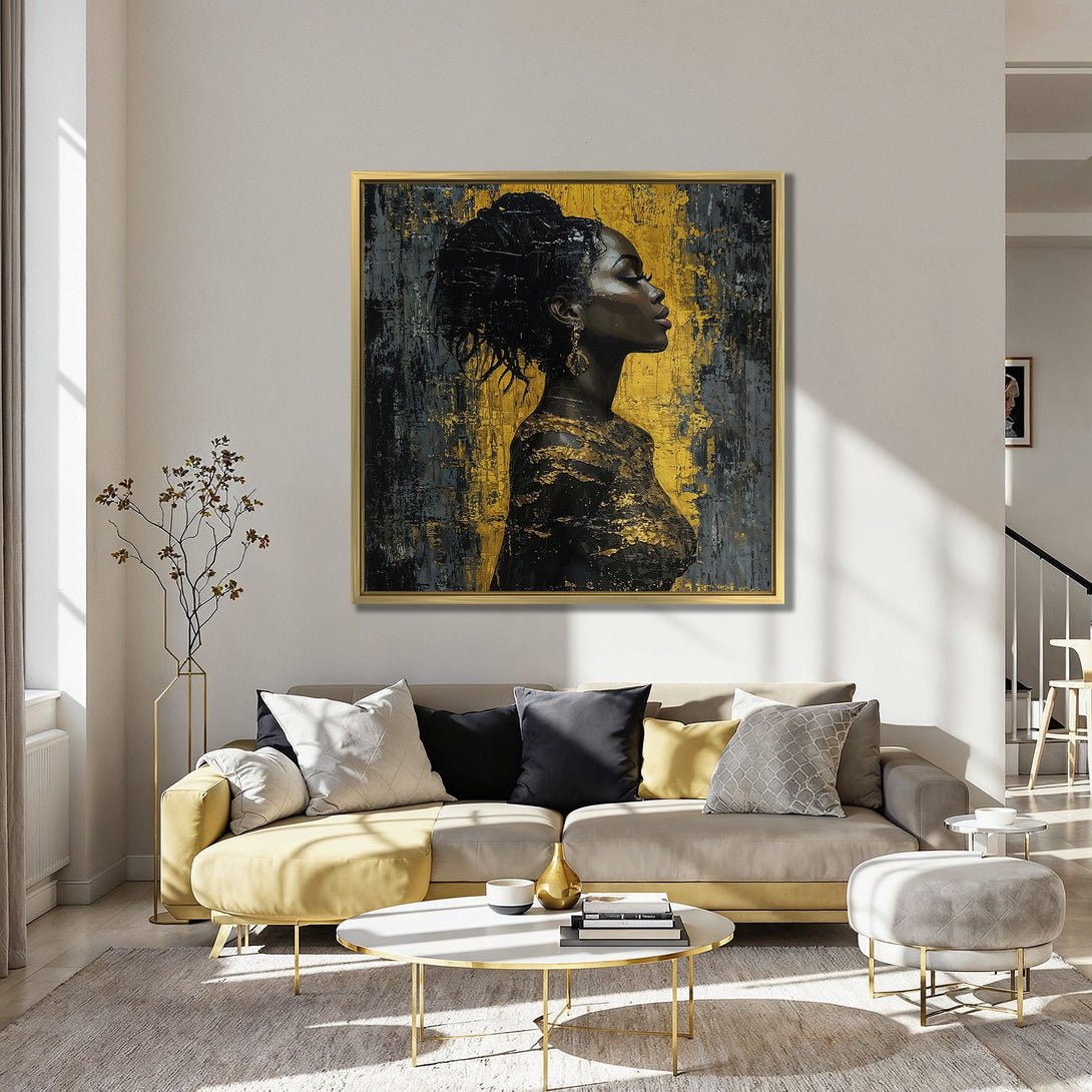 Canvas Print of an elegant woman in profile, abstract style, with black, gold, and gray tones. Perfect wall art for modern interiors.