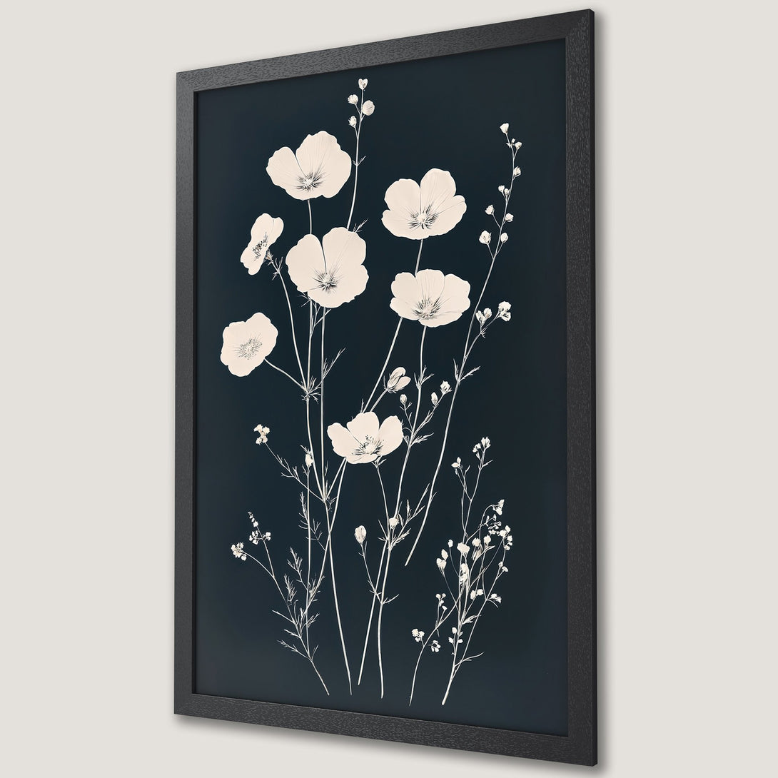 Framed Poster featuring elegant floral art in a minimalist style with a navy and cream color palette, perfect for modern home decor.