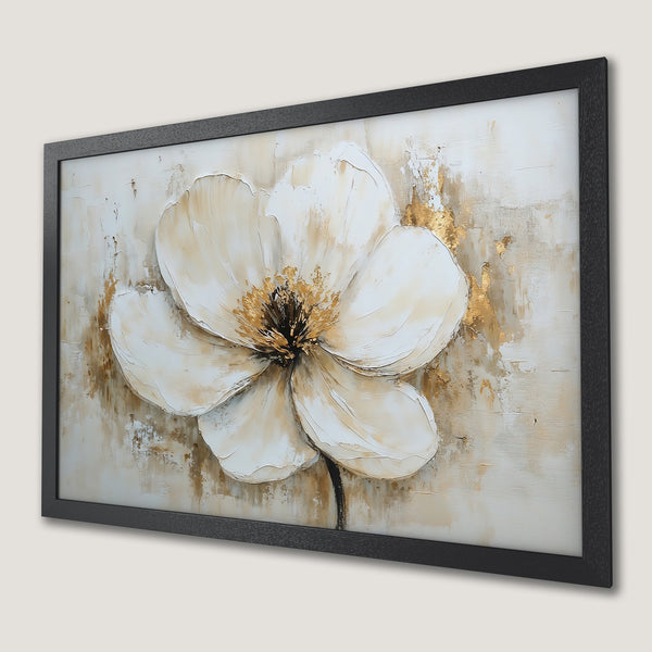Framed Poster featuring a textured white flower artwork with gold accents, neutral color palette, and modern style.