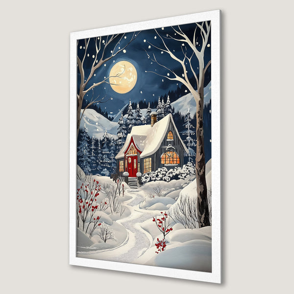 Framed Poster: Winter scene with cabin, full moon, and snowy landscape. Cozy art print in blue, white, and red color palette. Perfect for home decor.