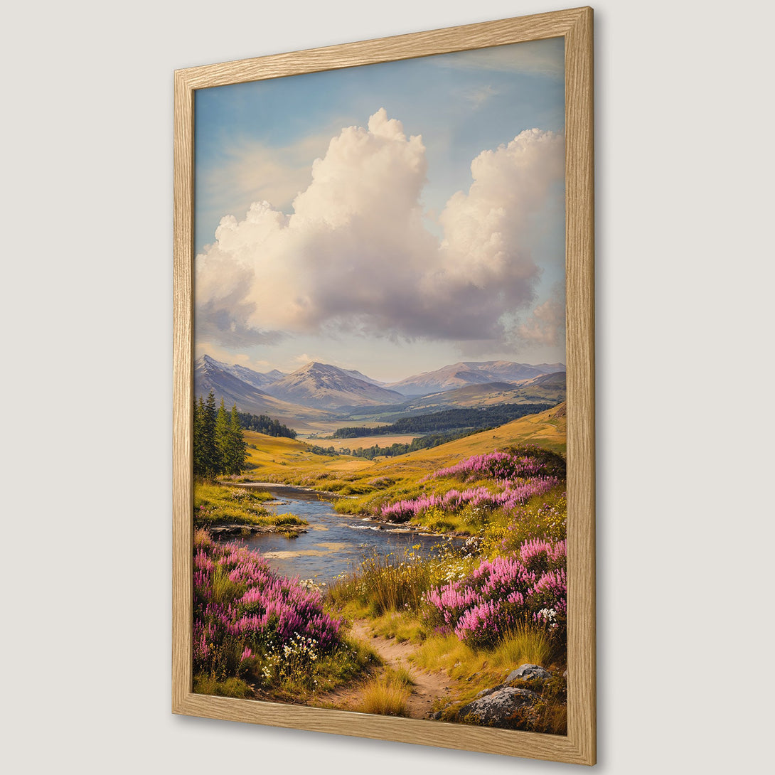 Framed Poster of a serene landscape painting with pink flowers, river, and mountains. Warm color palette. Perfect wall art.