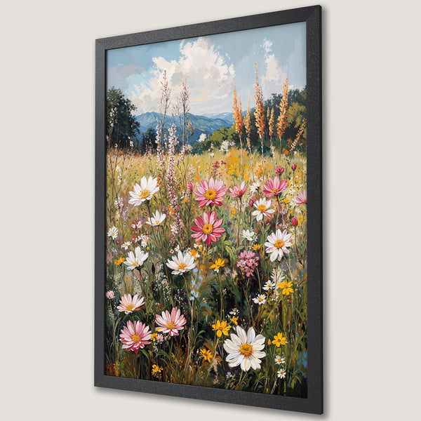 Framed Poster of a vibrant wildflower meadow painting, impressionistic style with pink, yellow, and green hues.