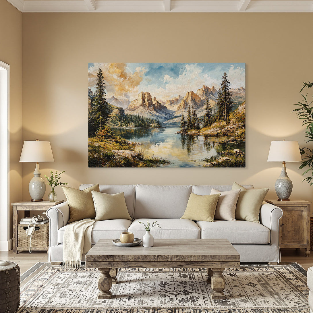Framed Wall Art: Majestic mountain landscape Canvas Print. Warm color palette, classic style. Elevate your space with stunning nature art.