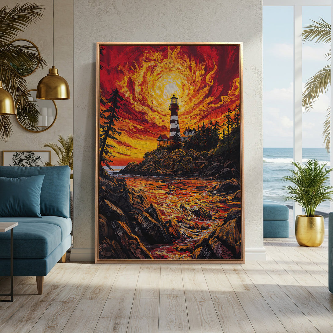 Framed Wall Art: Lighthouse painting with fiery sunset. Dramatic coastal art in warm red and yellow tones. Perfect for adding a bold statement to your home.