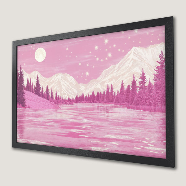 Framed Poster of a dreamy pink landscape with mountains, trees, and a moon. Aesthetic art print in a black frame.
