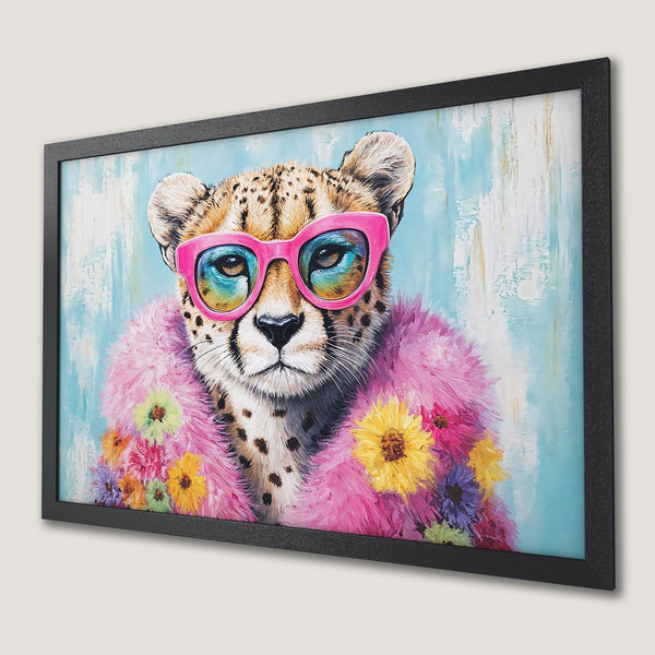 Framed Poster featuring a stylish cheetah wearing sunglasses and a pink boa, vibrant colors on a light blue background.
