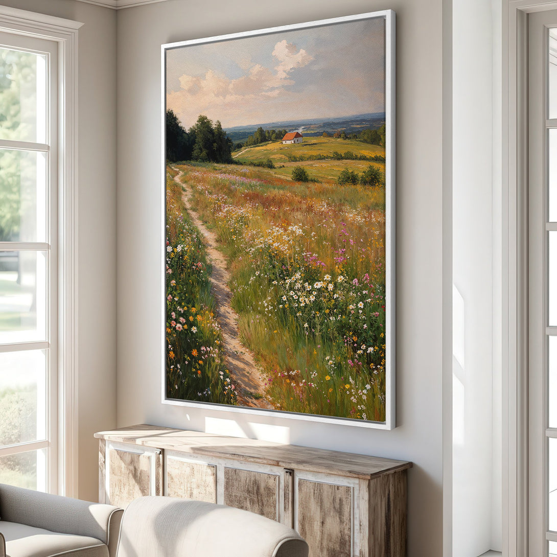 Framed Wall Art: Impressionist landscape Canvas Print featuring a path through a wildflower field, with warm yellows, greens, and blues. Perfect for any home!