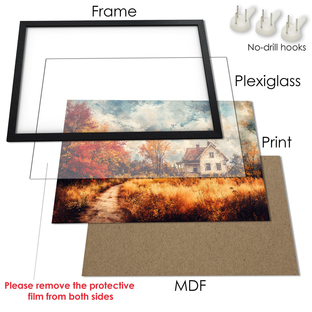Framed Poster featuring a serene autumn landscape with a warm color palette. Perfect wall art for your home!