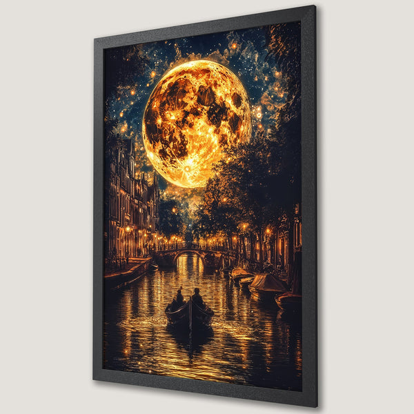 Framed Poster of a romantic canal scene under a giant moon. Warm gold and dark blue color palette. Perfect wall art.