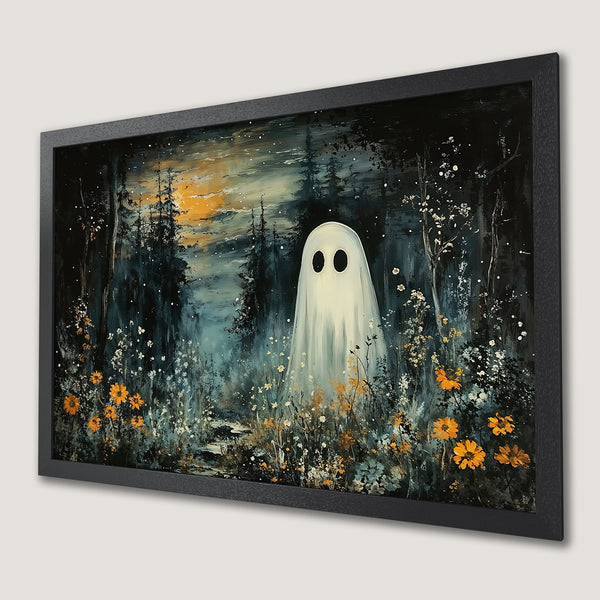 Framed Poster featuring a whimsical ghost in a forest scene. Dark, moody style with a teal, orange, and black color palette. Perfect Halloween decor.