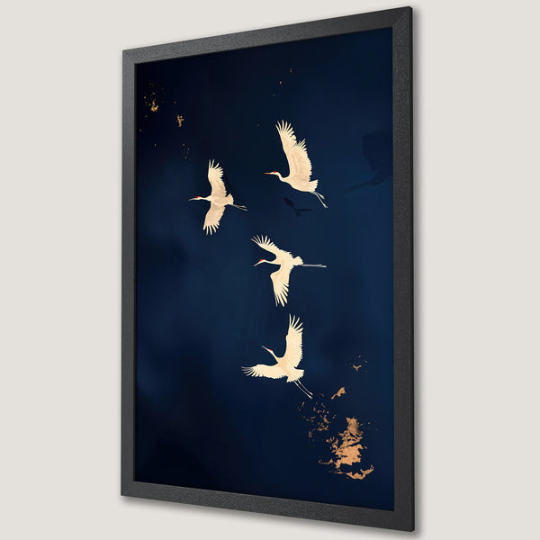 Framed Poster featuring elegant cranes in flight, a minimalist style with a navy and gold color palette, perfect wall art.