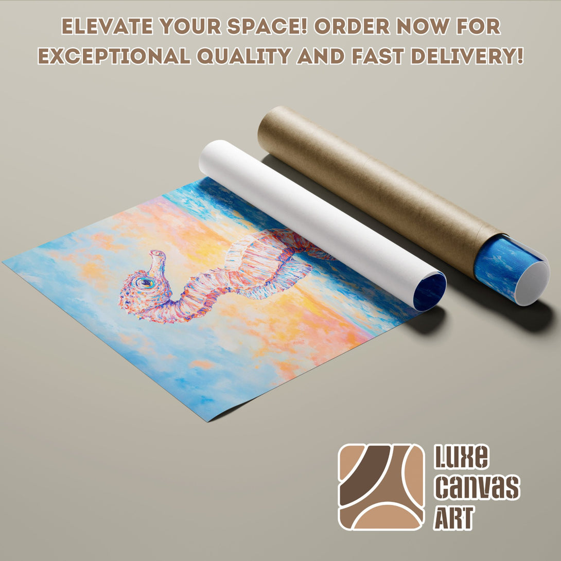 Poster Roll featuring a colorful seahorse art print, vibrant blues, oranges, and pinks. Perfect wall decor!