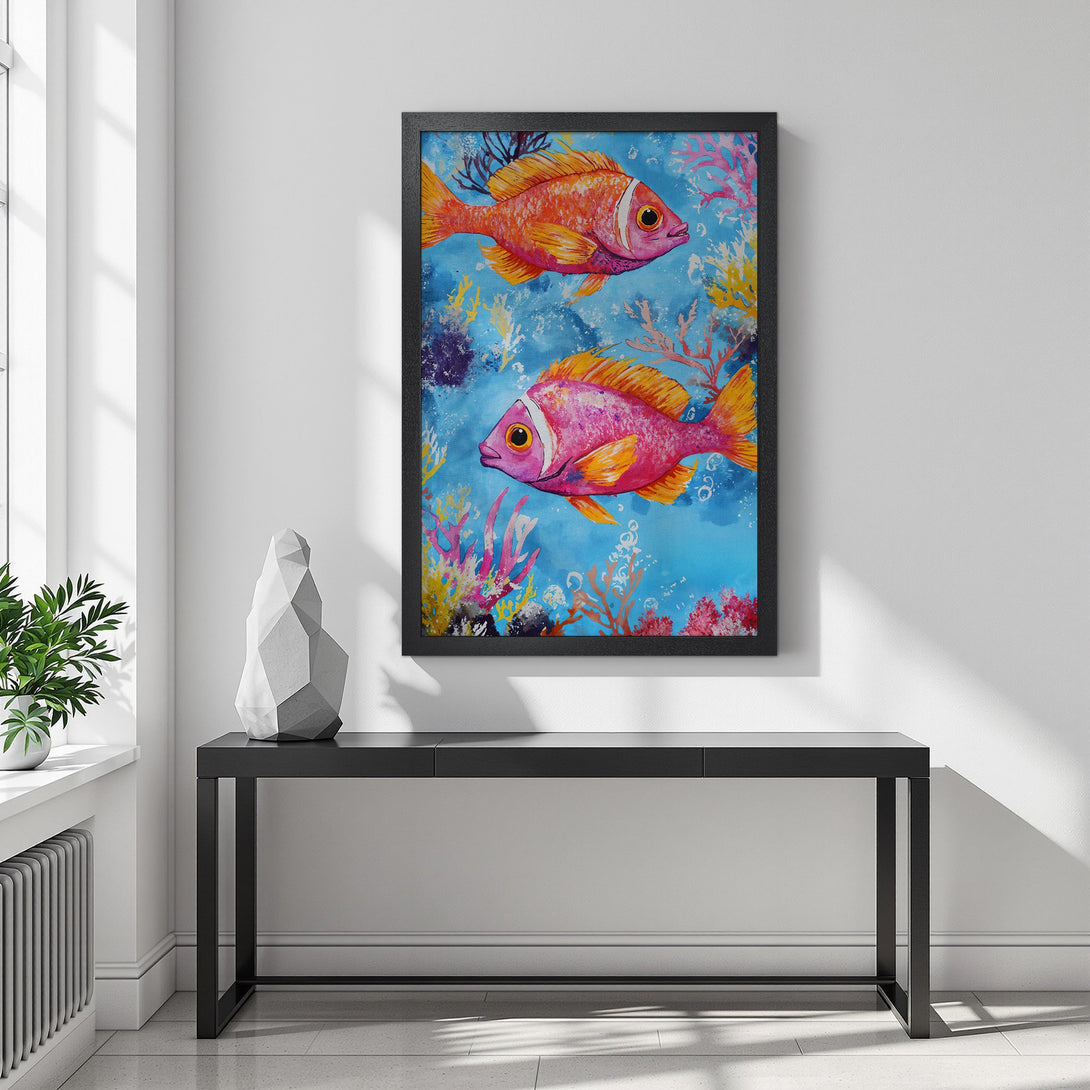 Framed Poster featuring vibrant watercolor fish art in a blue, pink, and orange palette. Perfect wall decor!