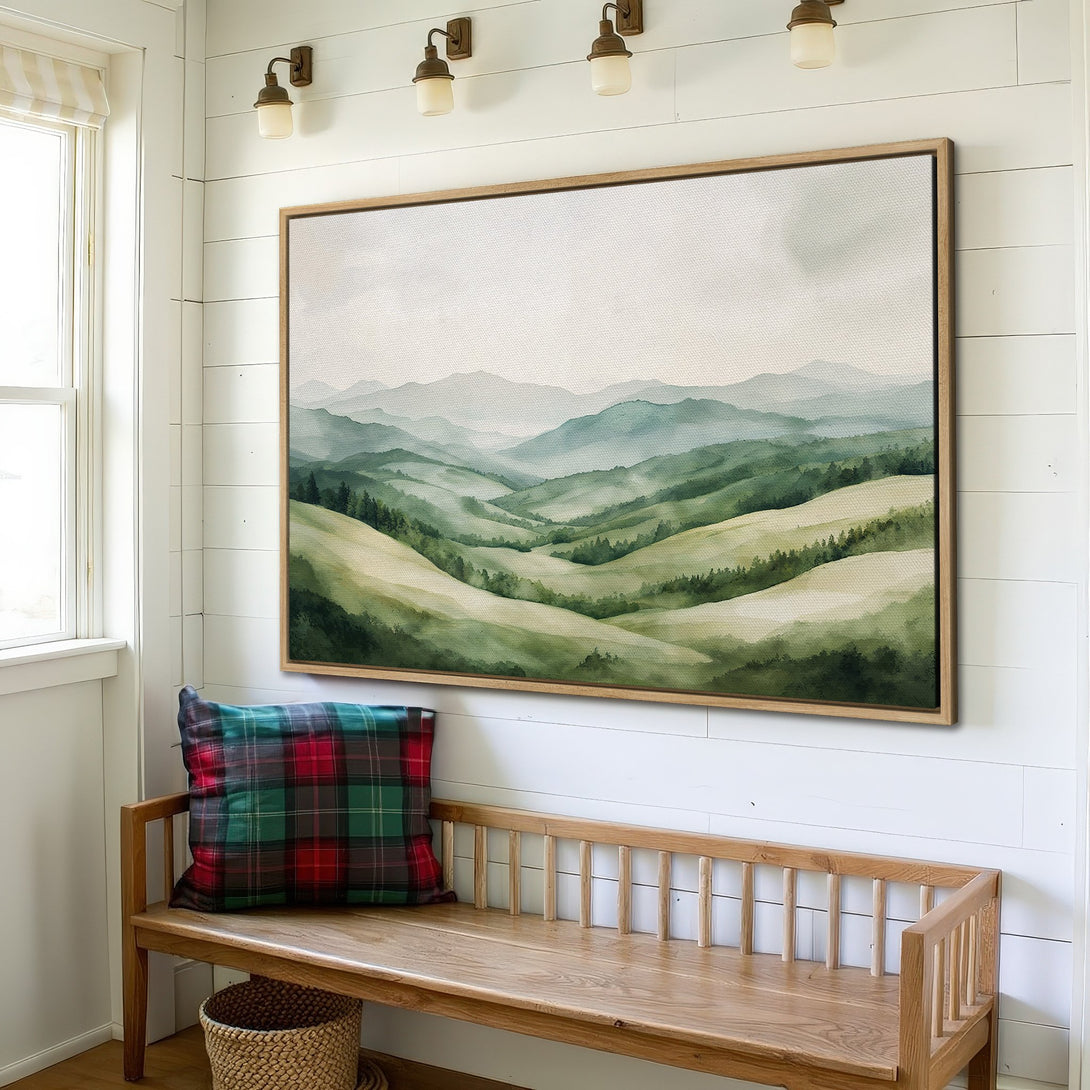 Framed Wall Art: Watercolor landscape canvas print in a rustic interior. Green and blue mountain scene with a calming, natural color palette.