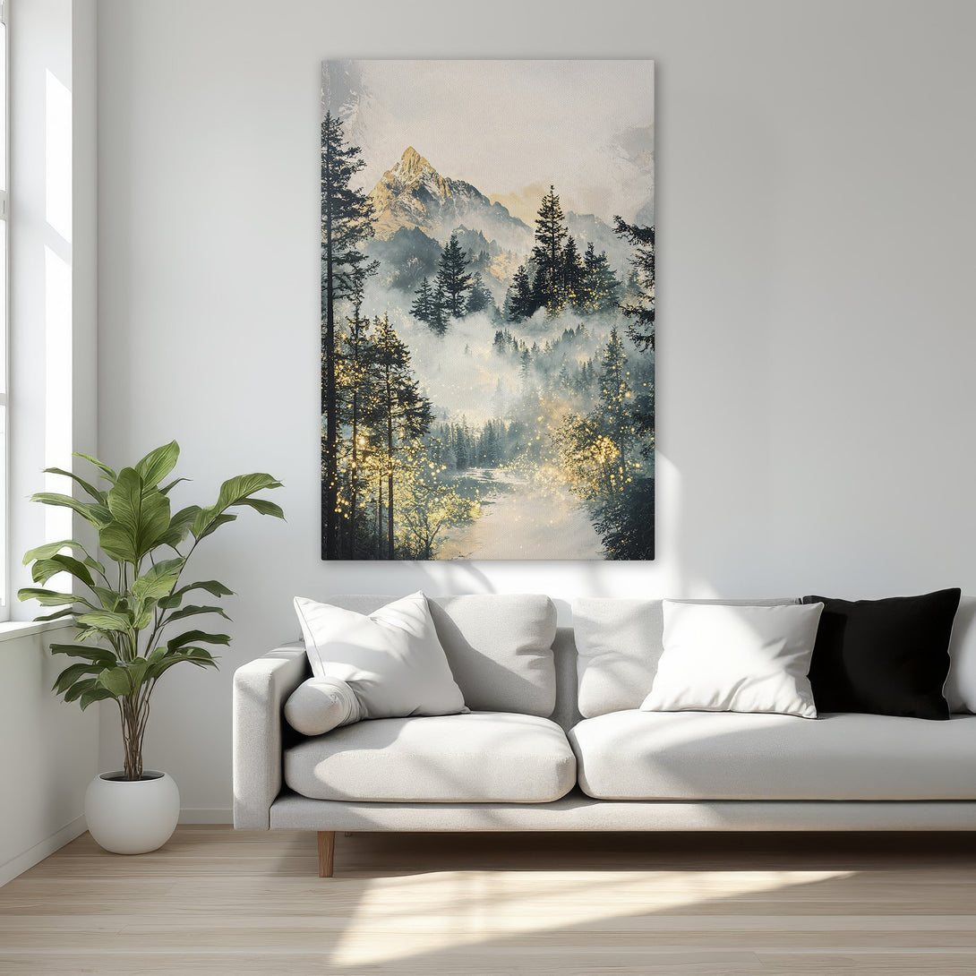 Framed Wall Art: Mountain forest landscape canvas print in gold, black, and green. Add a touch of nature and elegance to your decor!