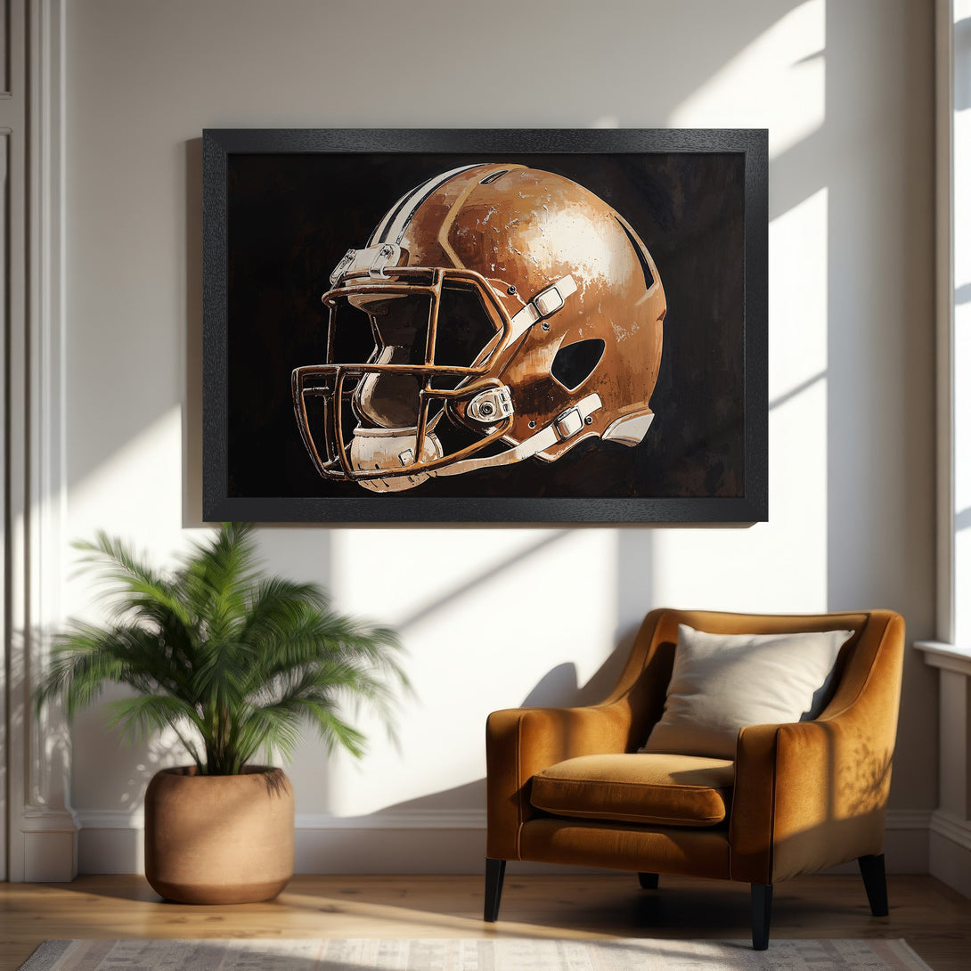 Framed Poster of a football helmet in warm tones. Add a touch of sports art to your home!