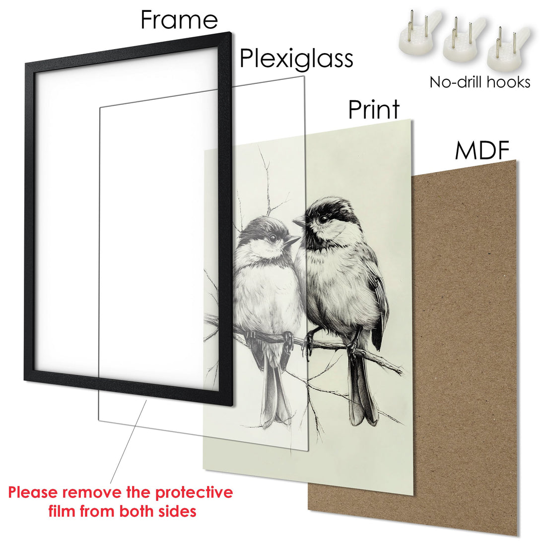 Framed Poster featuring a detailed bird sketch in grayscale. Elegant art print with a neutral color palette, perfect for any decor.