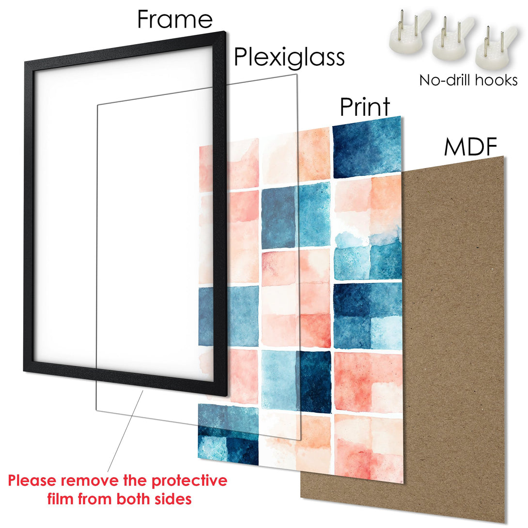 Framed Poster with watercolor squares in a blue and peach color palette. Modern art print for home decor.
