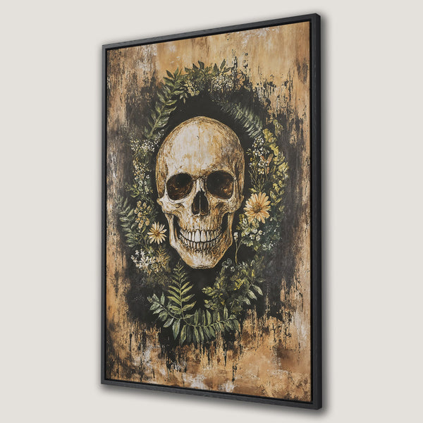 Framed Wall Art: Gothic skull canvas print with floral wreath. Dark, moody aesthetic with a brown, black, and green color palette. Perfect for unique home decor.