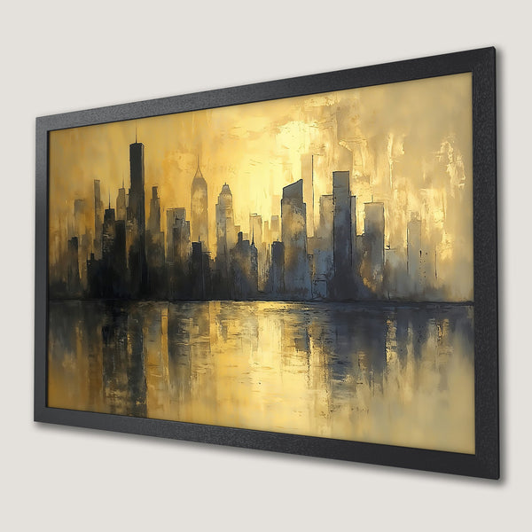 Framed Poster of a city skyline in an abstract style with a gold and black color palette.