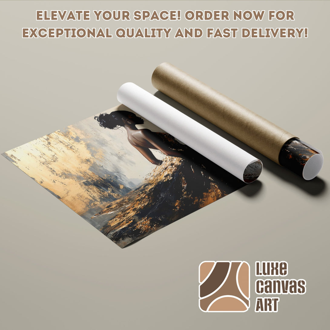 Abstract floral Poster Roll art in black, gold, and neutral tones. Elevate your space with this stunning wall art!