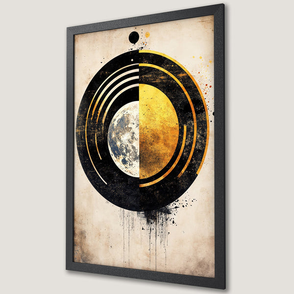 Framed Poster featuring a celestial design with moon and abstract elements in black, gold, and beige. Perfect for modern decor.