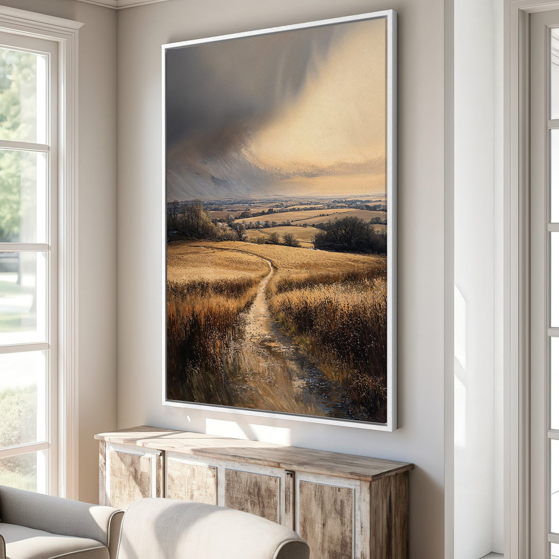 Framed Wall Art: Landscape Canvas Print featuring a serene field scene in warm, earthy tones. Perfect for adding a touch of nature and tranquility to your home.