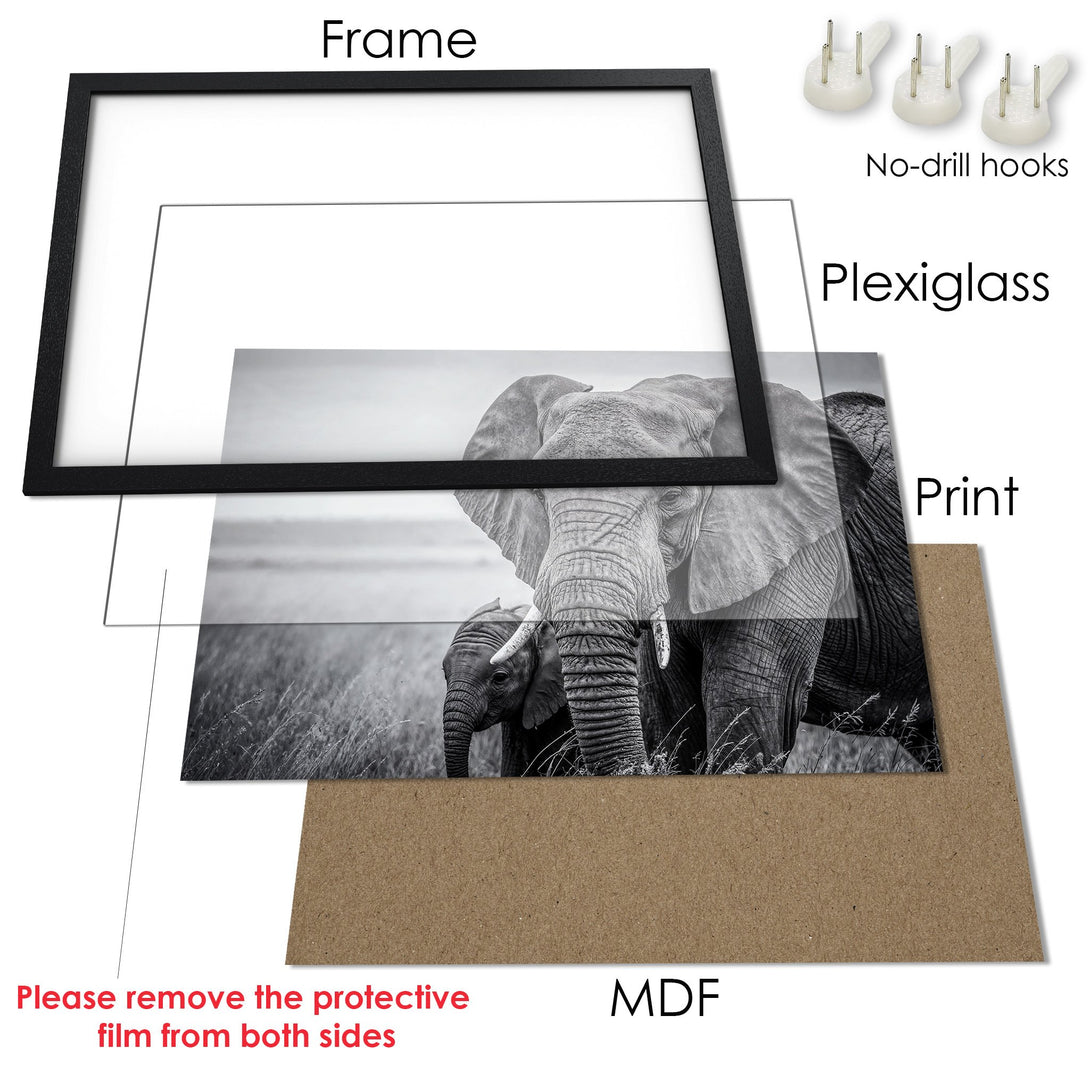Framed Poster featuring a stunning elephant family in a grayscale, nature-inspired style. Elevate your space with this beautiful Poster!