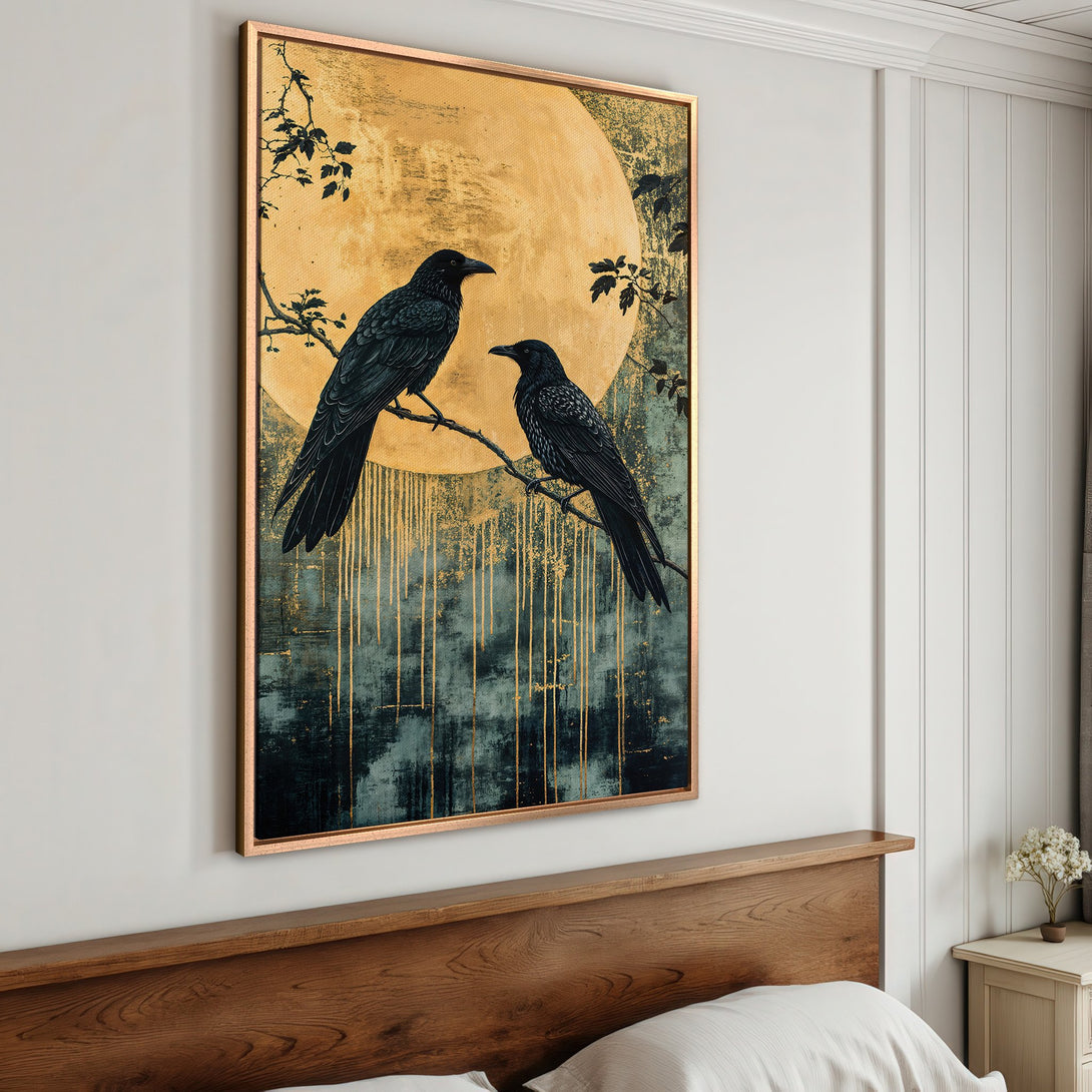 Framed Wall Art featuring two ravens on a branch, with a golden moon backdrop. Elegant, Japanese-inspired style with a dark teal and gold color palette.