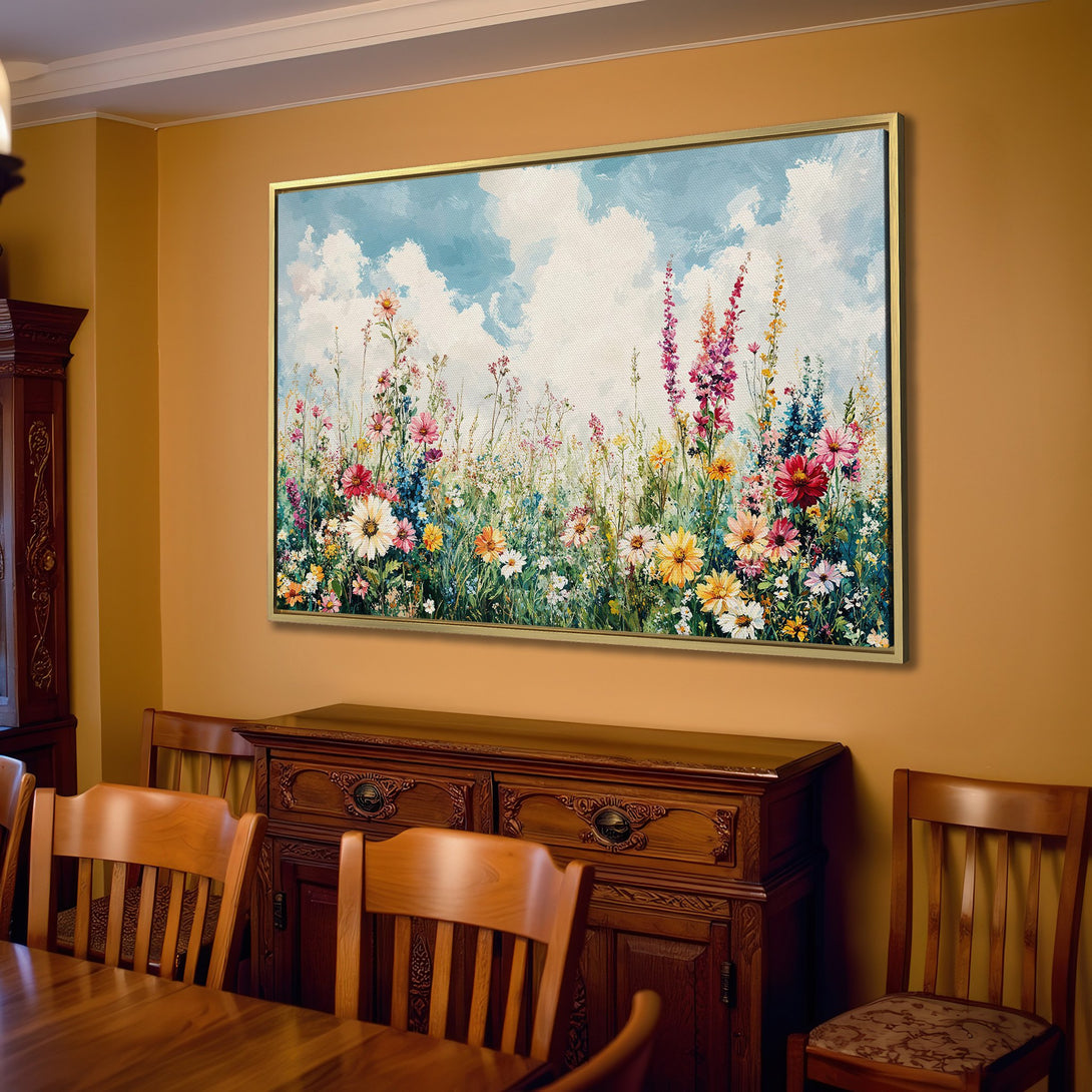 Canvas Print of a vibrant floral meadow painting. Soft, colorful palette of blues, greens, yellows, and pinks. Perfect for adding art to your home.