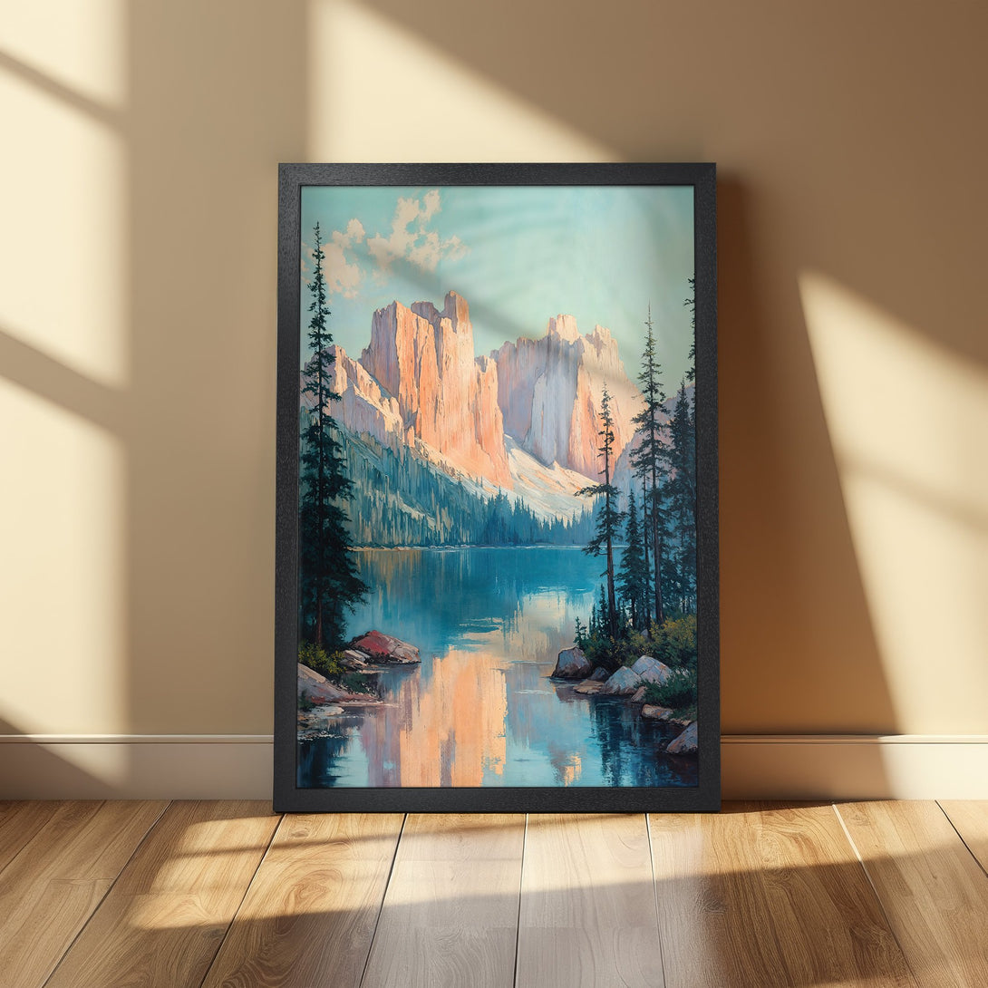 Framed Poster featuring a serene mountain lake landscape in a painterly style with a blue, orange, and green color palette. Perfect wall art!