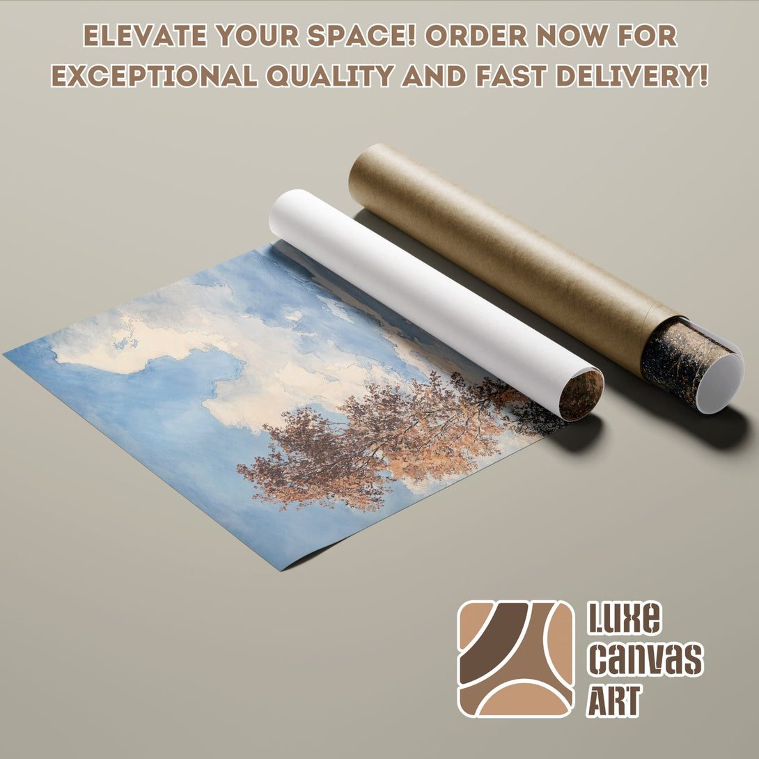Poster Roll featuring a watercolor landscape with a blue sky and tree, warm color palette.