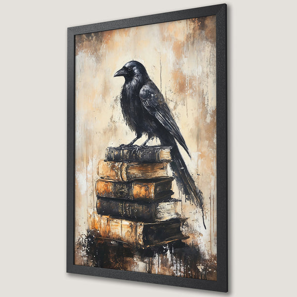 Framed Poster featuring a raven on books, abstract style with a warm, earthy color palette. Perfect for adding a touch of mystery.