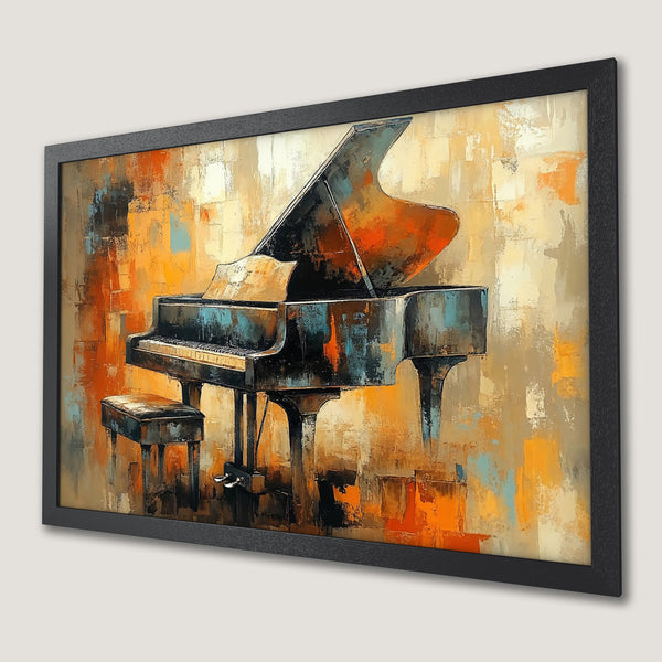 Framed Poster of a grand piano in an abstract style, featuring a warm color palette of orange, beige, and blue, perfect for any music lover.