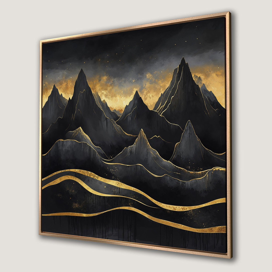 Framed Wall Art: Abstract mountain landscape in black and gold. Modern art Canvas Print with a luxurious, elegant aesthetic. Perfect home decor.