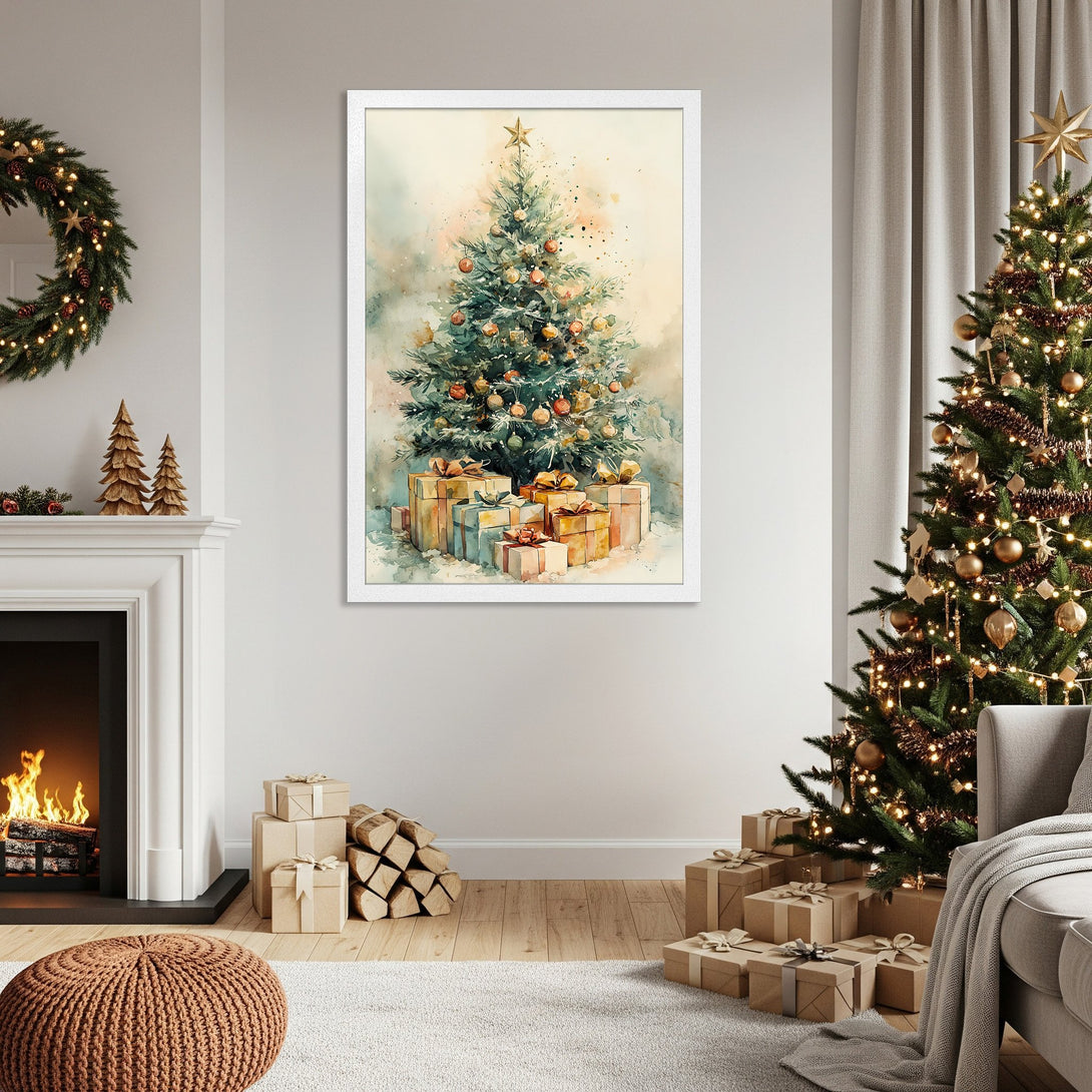Framed Poster featuring a watercolor Christmas tree with gifts. Soft, warm color palette perfect for holiday decor.
